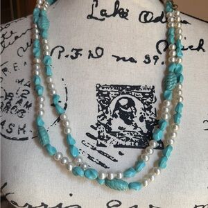 Elegant Turquoise and Pearl Costume Jewelry Necklace